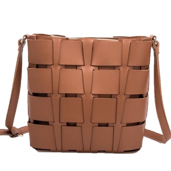 Melie Bianco Handbags - Melie Bianco Frances Vegan Leather Basket Bucket Shoulder Crossbody Bag Saddle